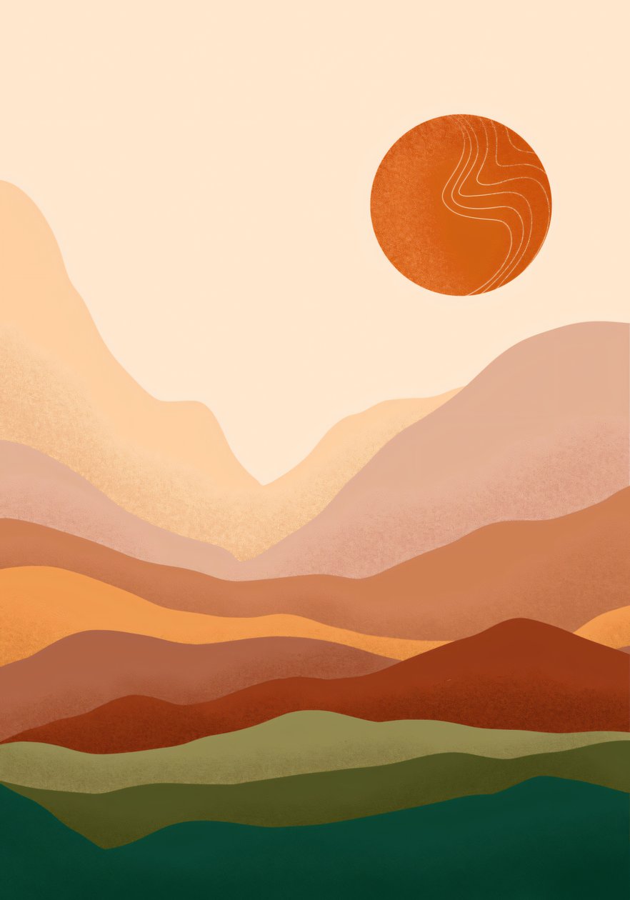 Poster minimaliste Bohemian Sunrise  Mountain, impression sur toile en ligne sur demande - F. Abderrahim