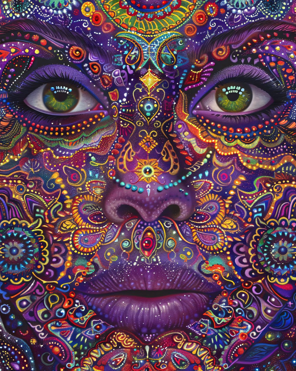 Femme psychédélique au visage coloré, motifs spirituels et mandalas, reproductions sur toile - F. Abderrahim