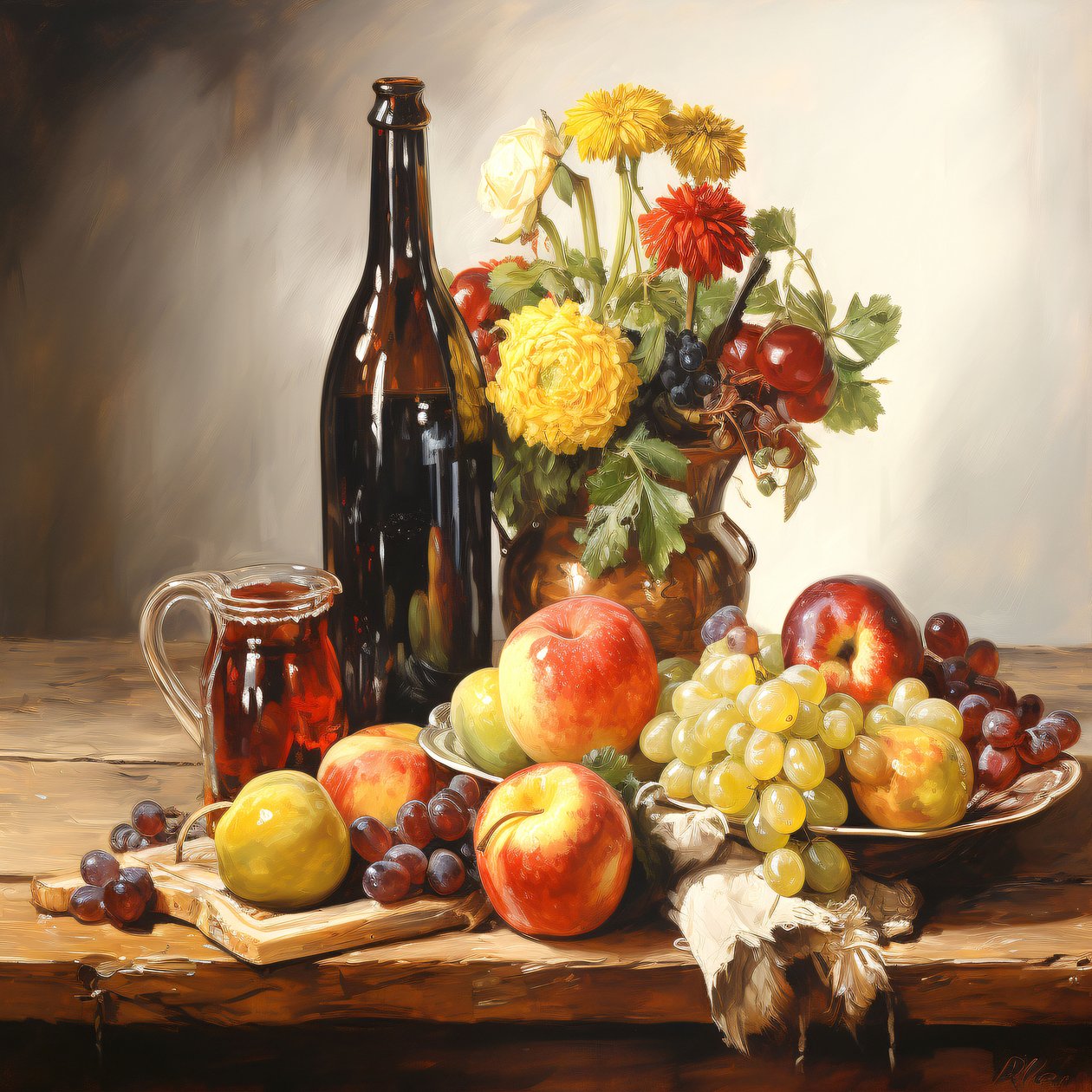 Nature morte, fleurs, fruits et vin, décoration intérieure murale - F. Abderrahim