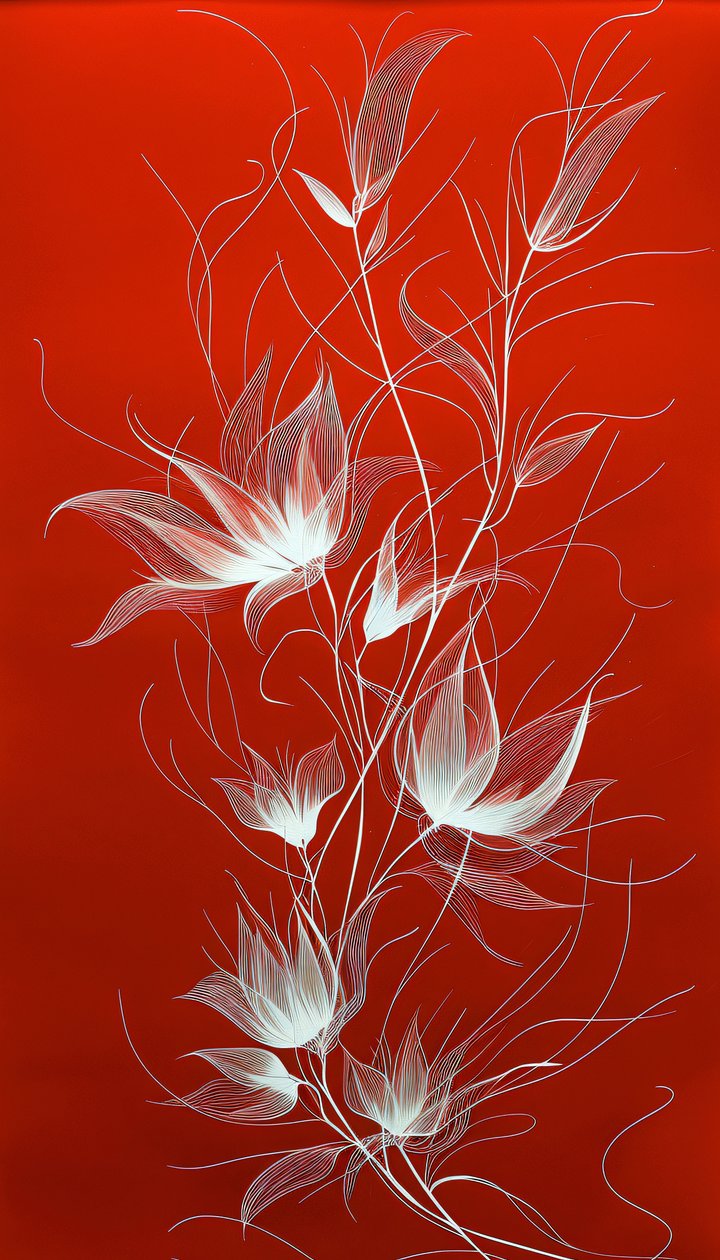 Dessin au trait blanc de plantes et de fleurs sur fond rouge vif, décoration murale - F. Abderrahim