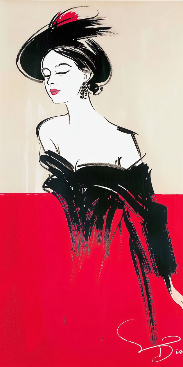 Femme posant avec maquillage, robe rouge et noire, inspiration René Gruau, mode des années 60 - F. Abderrahim
