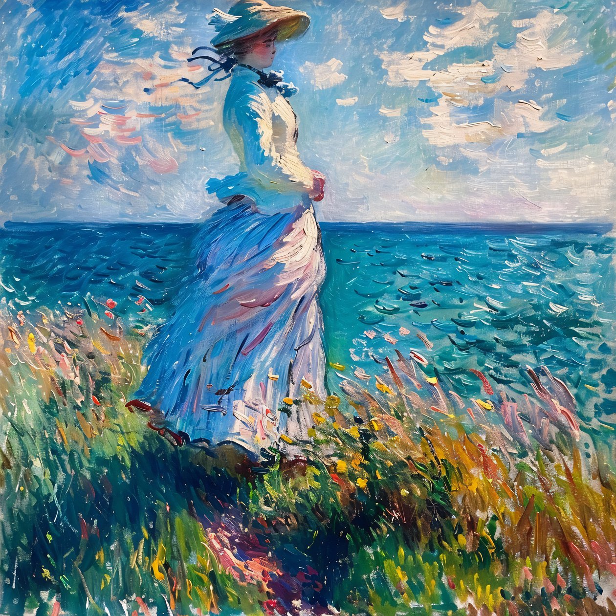 Jeune femme en robe dans la nature, debout sur la plage, style Monet - F. Abderrahim