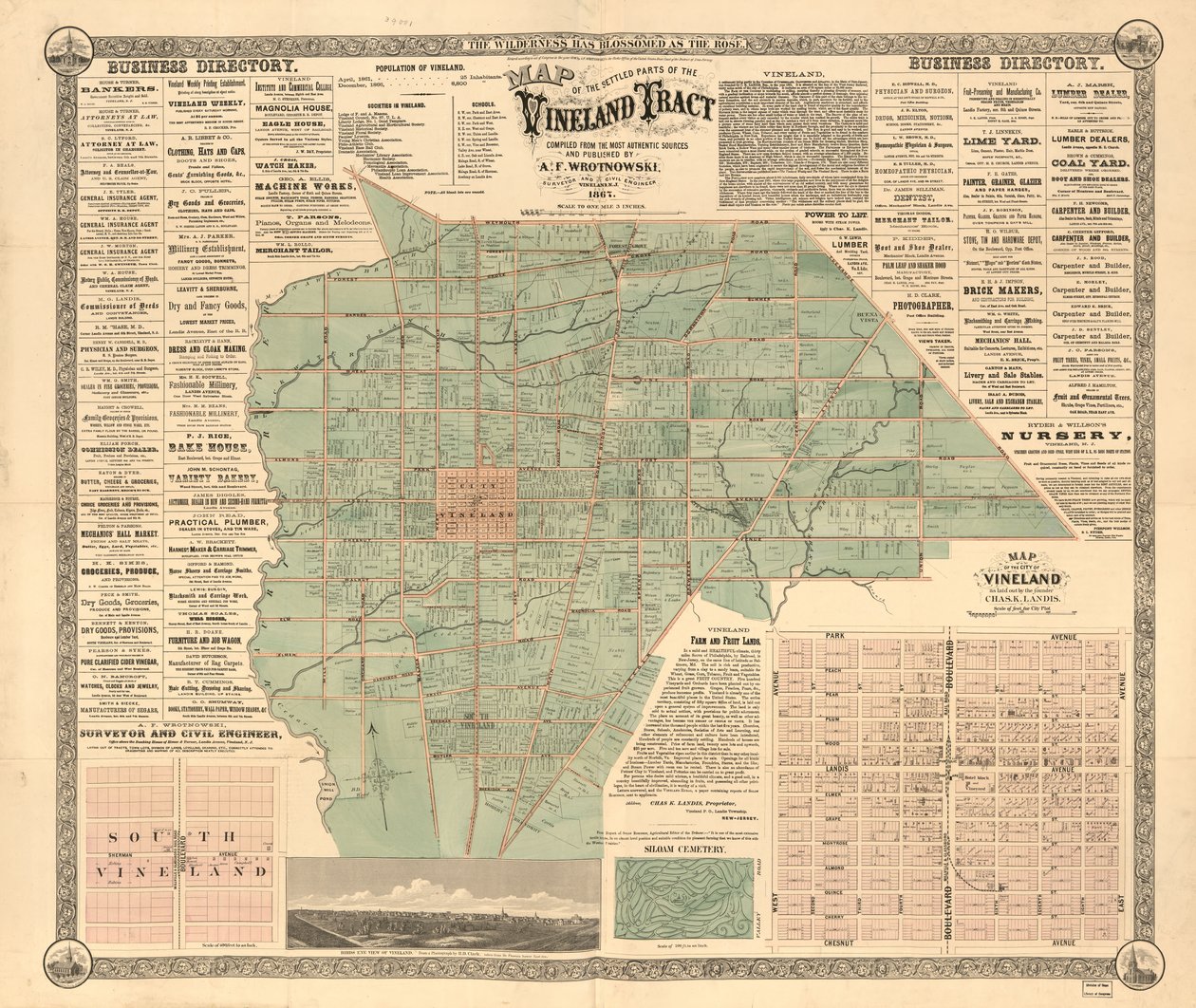Montre les parcelles de biens immobiliers et les noms des propriétaires. Couvre la ville de Vineland et le township de Landis - A. F. Wrotnowski