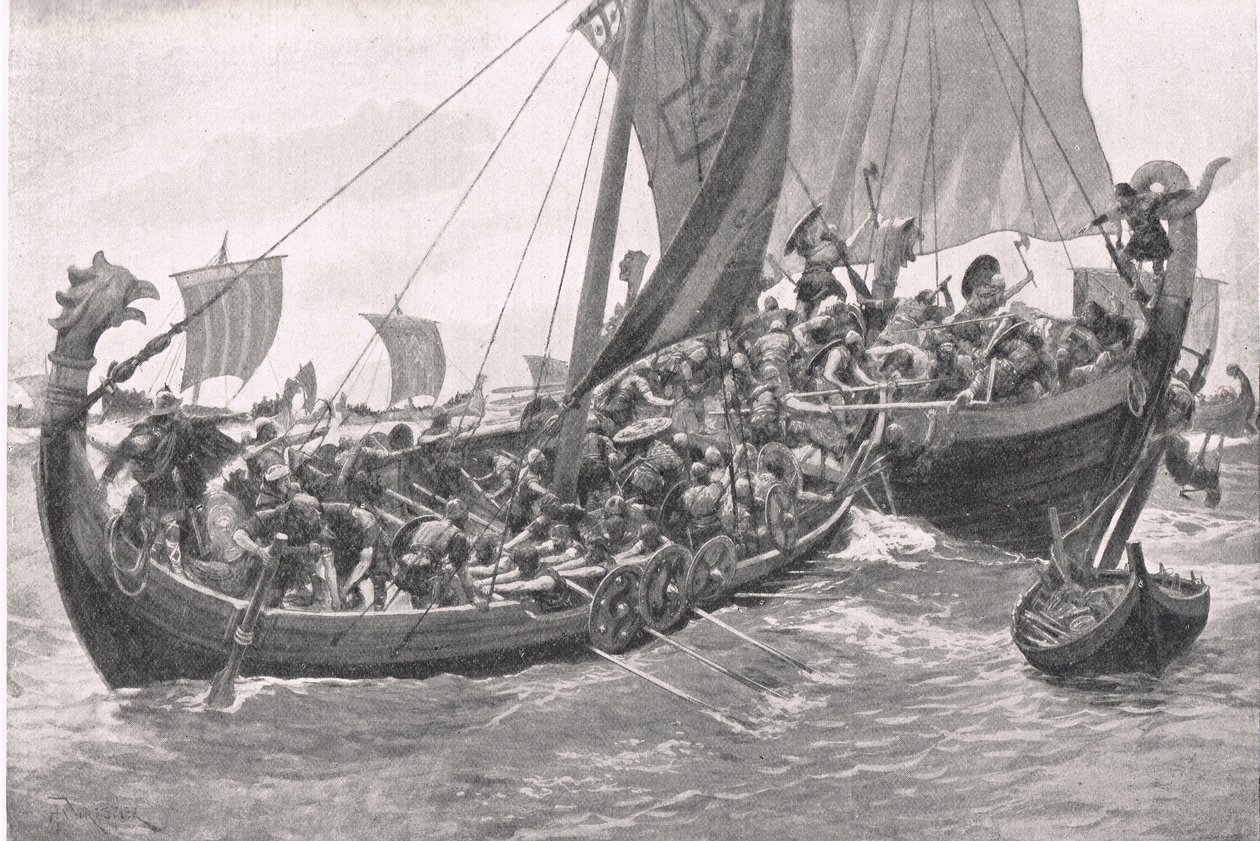 Première bataille navale de la Grande-Bretagne, illustration de British Battles on Land and Sea, publié par Cassell, Londres, vers 1910 - A. Forrestier