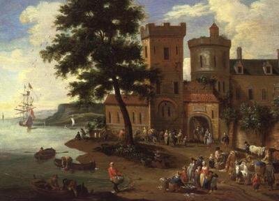 Pêcheurs déchargeant leur prise, et messieurs quittant une maison de maître - A.F. and Bouts P. Boudewyns