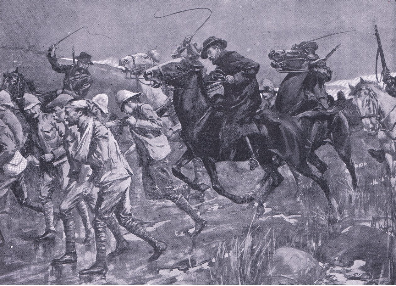 Le traitement des prisonniers de guerre britanniques par De Wet en marche, illustration de Après Pretoria : La Guerre de guérilla - A. C. Ball