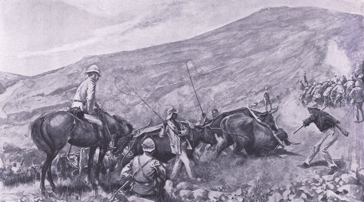Difficultés de transport à Barberton : Comment les canons et les chariots ont été montés sur les montagnes, illustration de Après Pretoria : La guerre de guérilla, 1902 - A. C. Ball