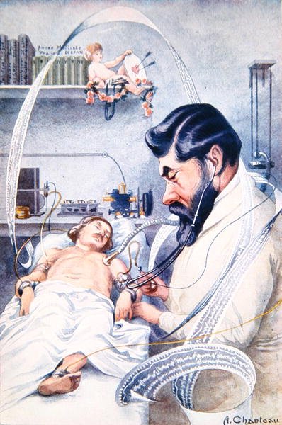 Professeur Camille Lian (1882-1969) examinant un patient avec tout son équipement, de 