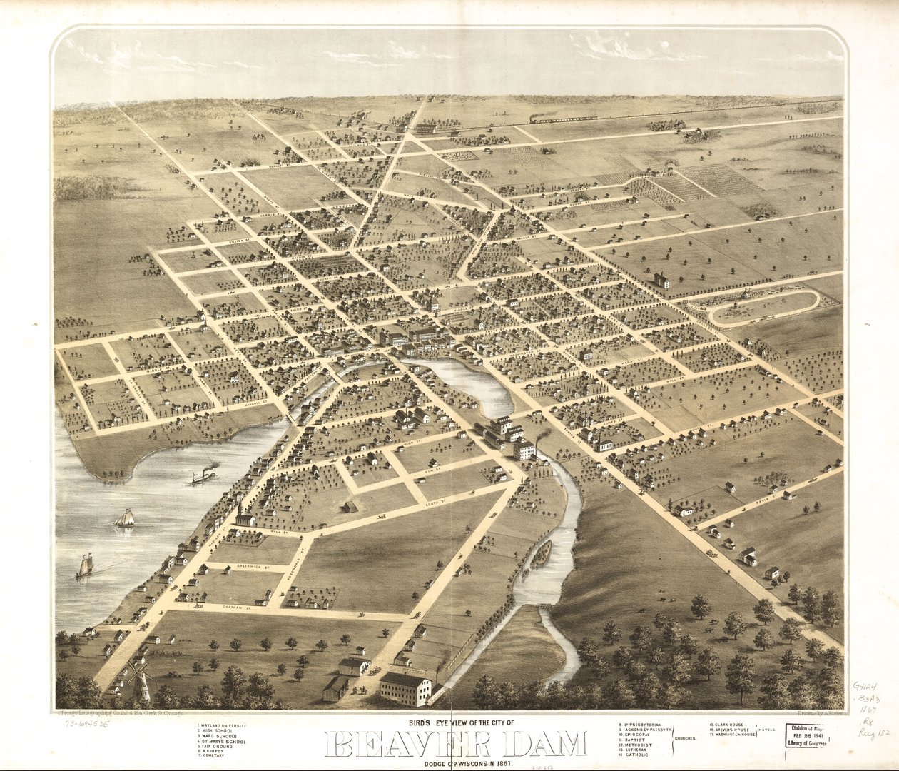 Vue aérienne de la ville de Beaver Dam, Dodge Co., Wisconsin 1867. LOC 73694535 - A.; Chicago Lithographing Co. Ruger