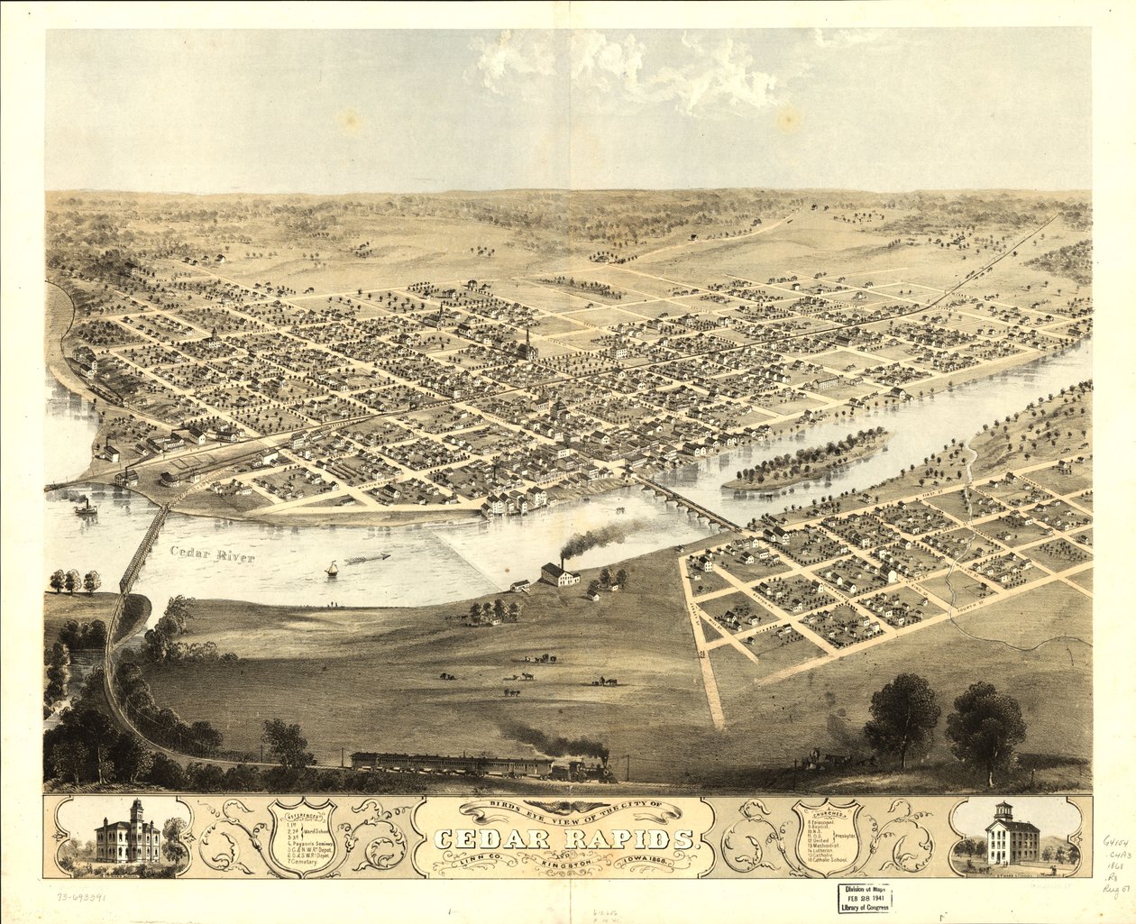 Vue aérienne de la ville de Cedar Rapids et de Kingston, Linn Co., Iowa 1868. LOC 73693391 - A.; Chicago Lithographing Co. Ruger