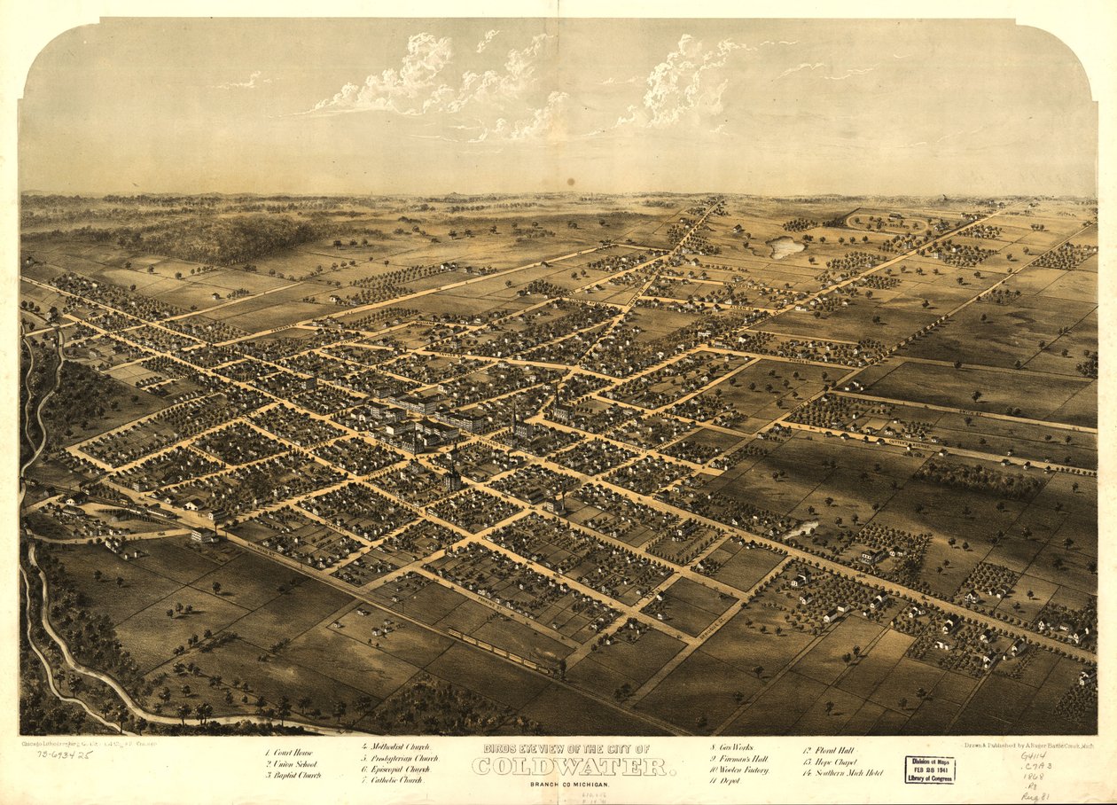 Vue aérienne de la ville de Coldwater, Branch Co, Michigan. LOC 73693425 - A.; Chicago Lithographing Co. Ruger