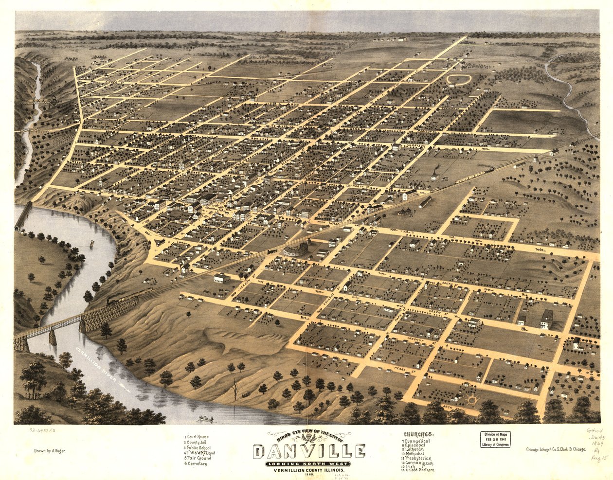 Vue aérienne de la ville de Danville, comté de Vermillion, Illinois 1869. LOC 73693353 - A.; Chicago Lithographing Co. Ruger
