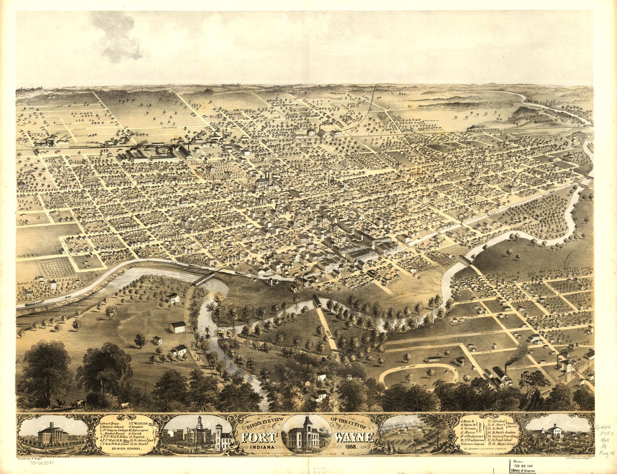 Vue aérienne de la ville de Fort Wayne, Indiana 1868. LOC 73693381 - A.; Chicago Lithographing Co. Ruger