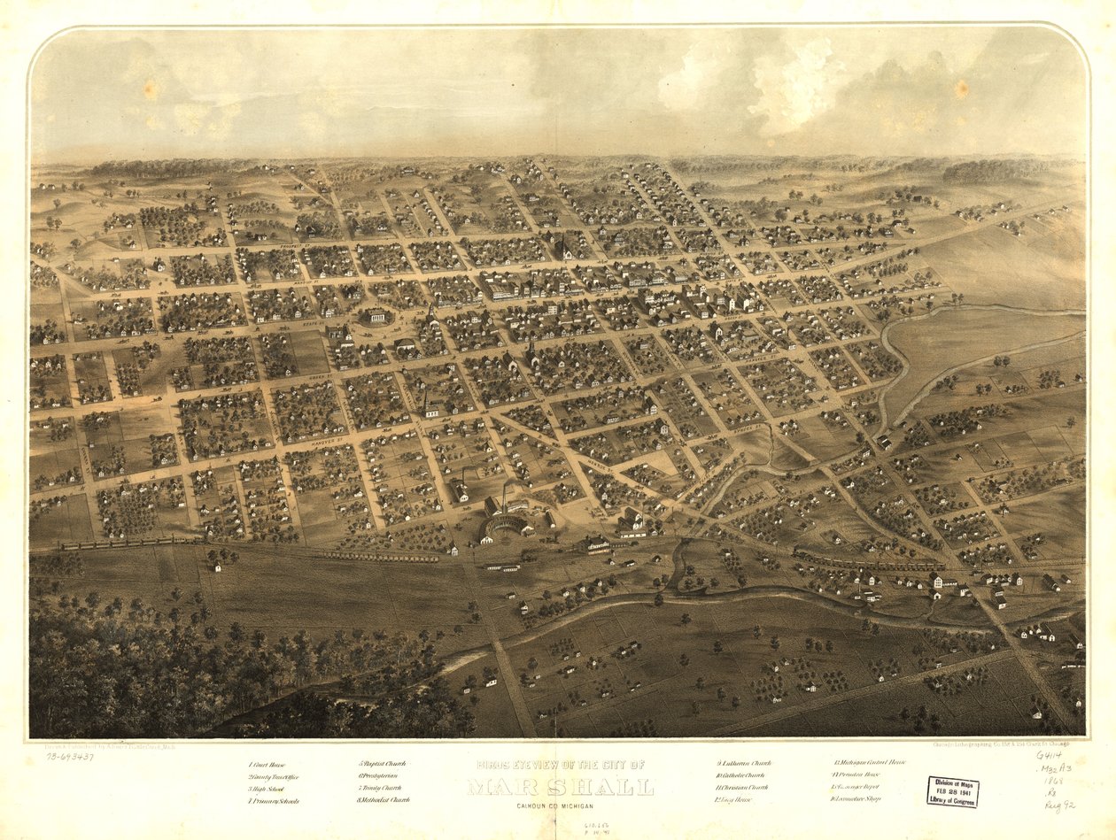 Vue aérienne de la ville de Marshall, Calhoun Co, Michigan. LOC 73693437 - A.; Chicago Lithographing Co. Ruger