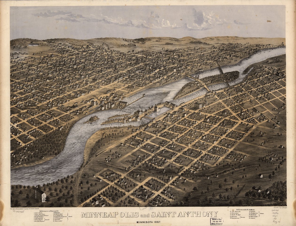 Minneapolis et Saint Anthony, Minnesota 1867. LOC 73693455 - A.; Chicago Lithographing Co. Ruger