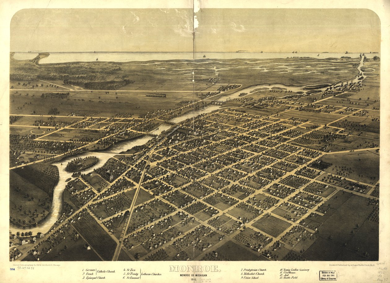 Monroe, Monroe Co, Michigan 1866. LOC 73693438 - A.; Chicago Lithographing Co. Ruger