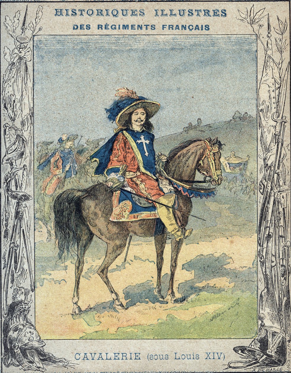 Cavalerie sous Louis XIV - Illustration par A Demarle - Protège-cahier historique, fin XIXe siècle - A. Demarle