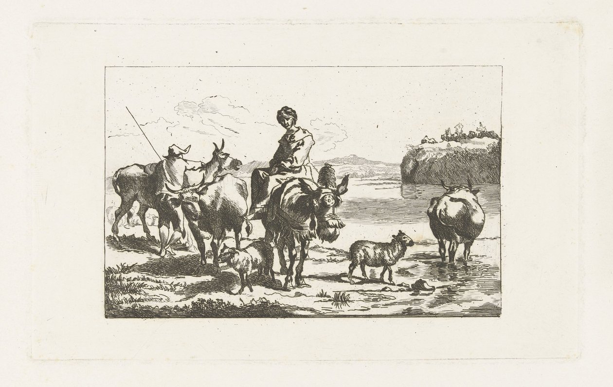 Paysage avec bergère sur une mule et berger avec des vaches - A. Dickhof (signed by artist)