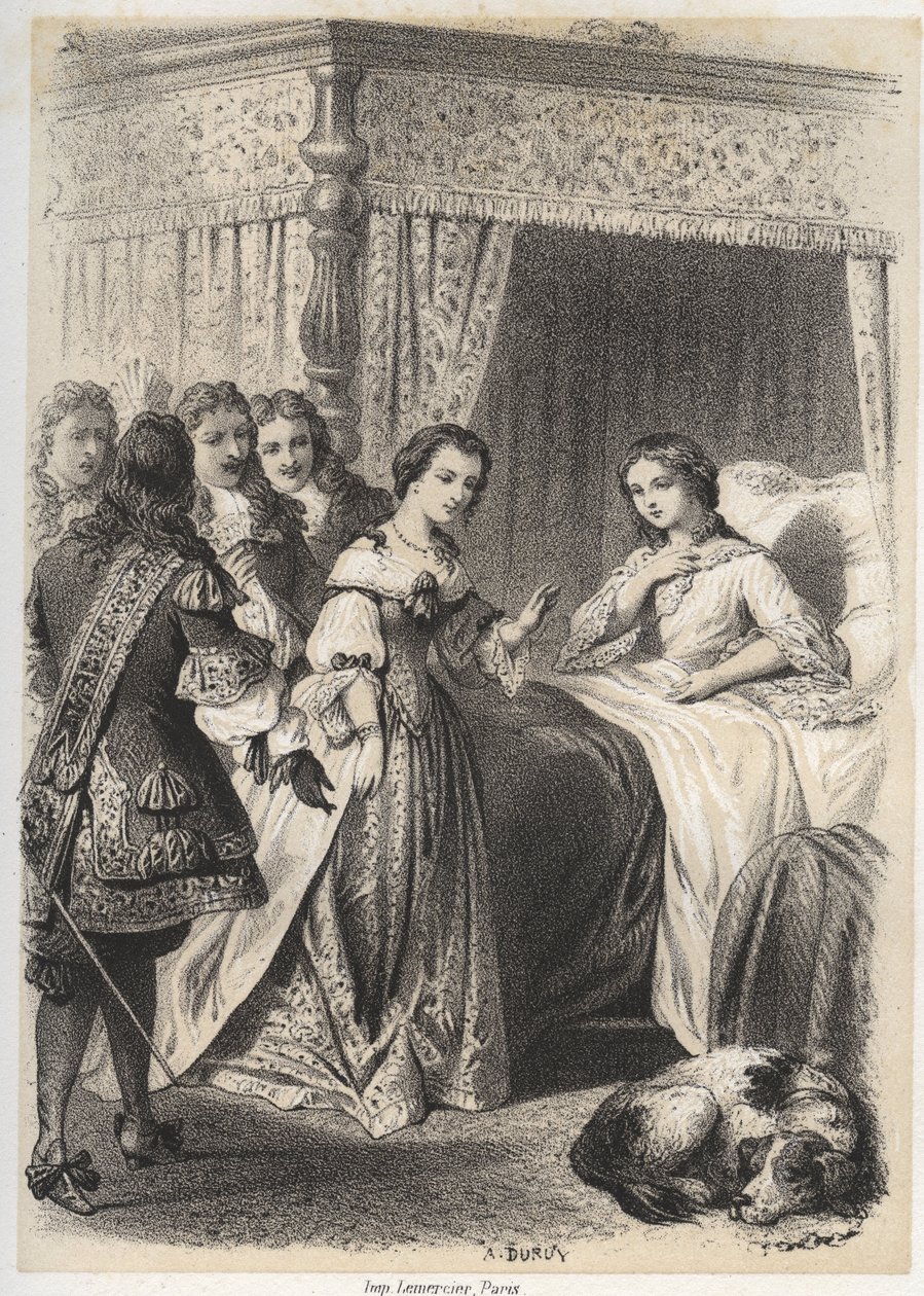 Madame Deshoulières, Antoinette Ligier de La Garde (1637-1694) submergée de questions par son entourage après une nuit passée dans la peur du fantôme. Gravure de A. Duruy dans « Illustrations littéraires de la France ; ou, Galerie anecdotique de nos pr - A. Duruy