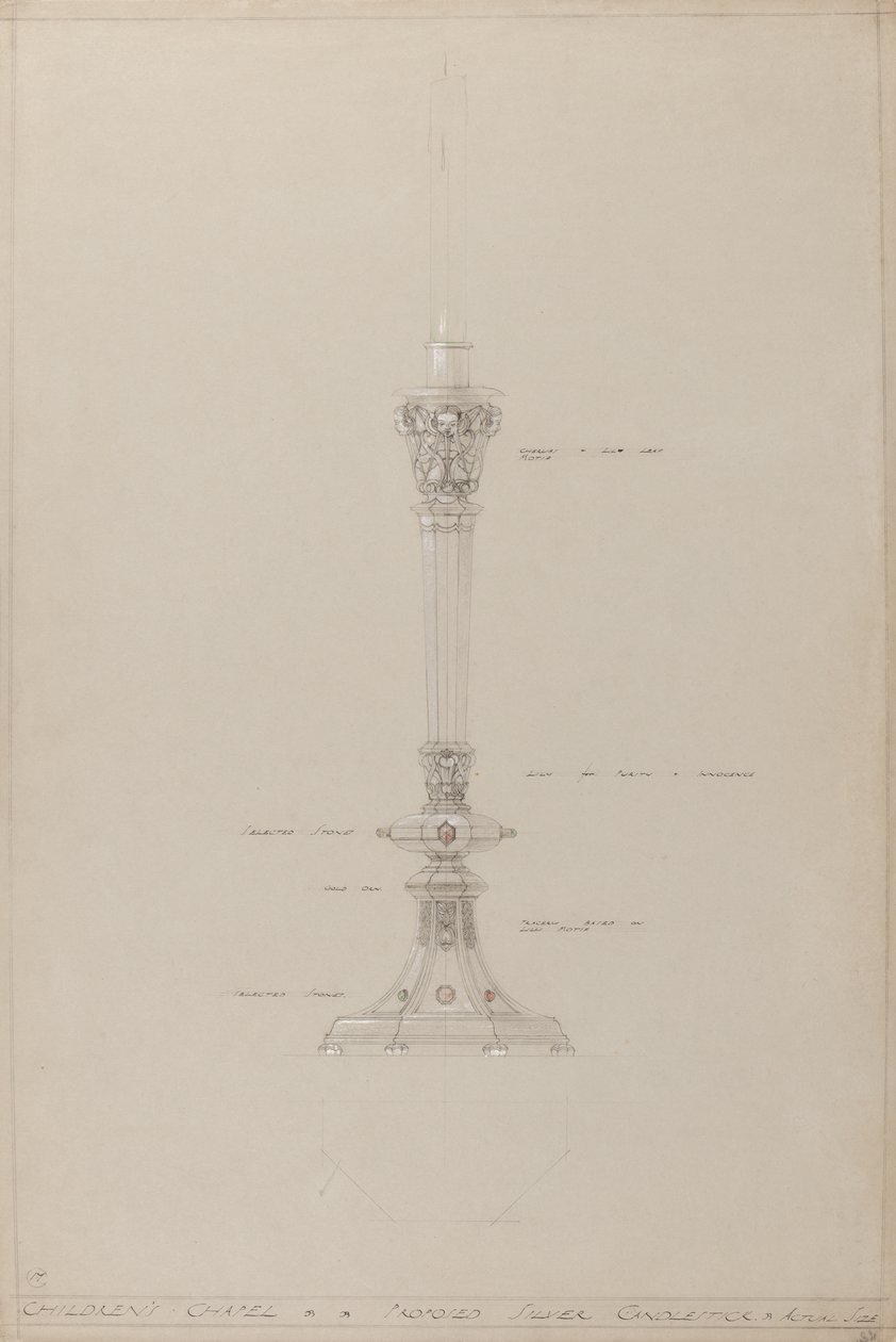 Chapel des Enfants : candélabre en argent proposé, taille réelle - A. Edward Jones and Co.
