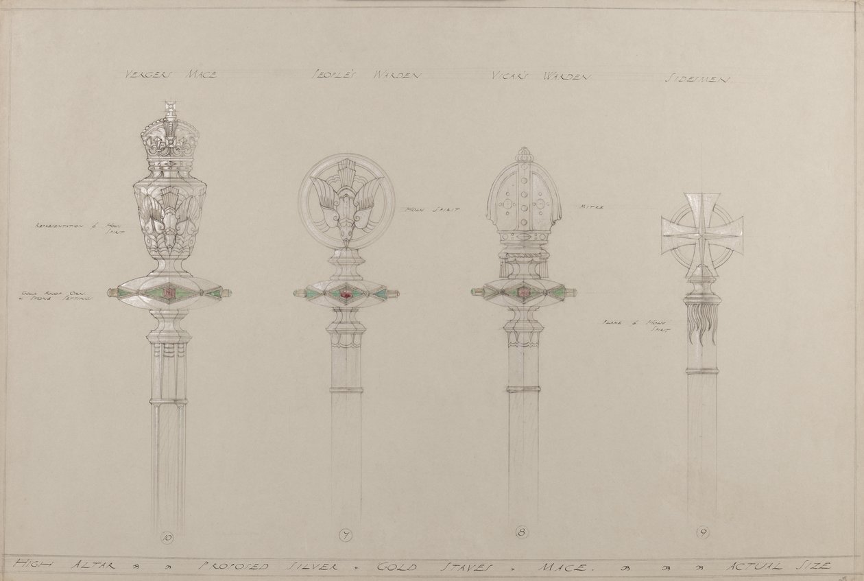 Haut Autel : bâtons et masses en or et argent proposés, taille réelle - A. Edward Jones and Co.