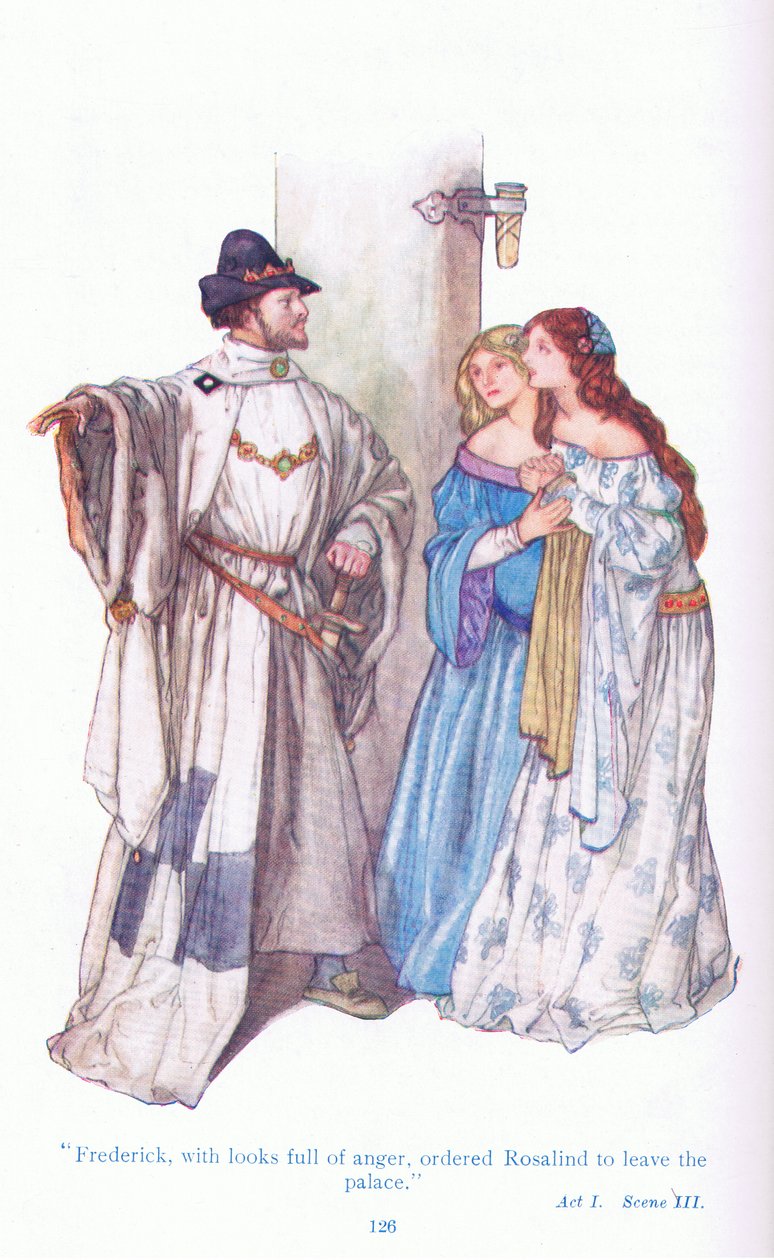 Frédéric, avec des regards de colère, ordonna à Rosalind de quitter le palais (Comme il vous plaira), de Contes de Shakespeare pub. par Ward Lock & Co Ltd - A. Jackson