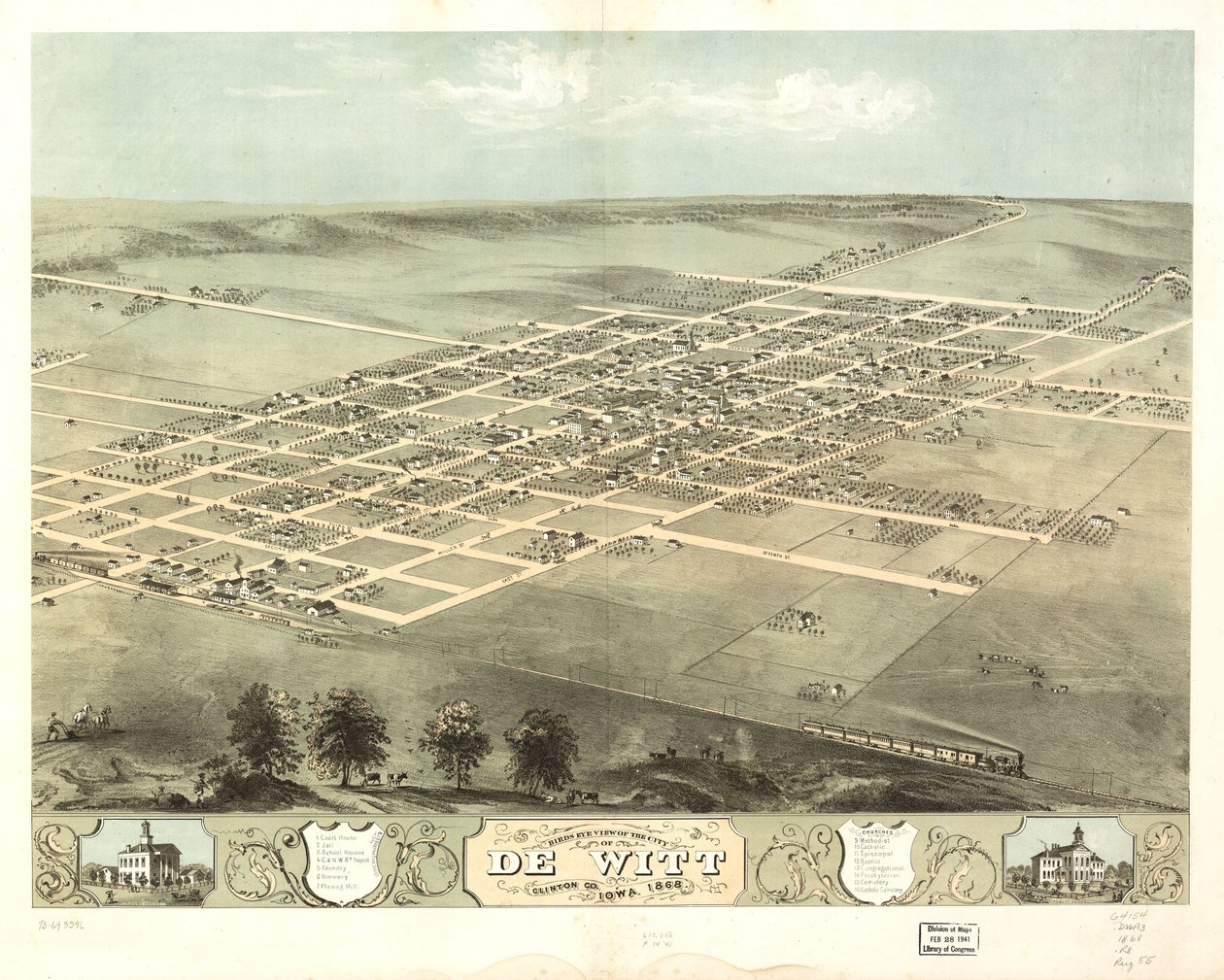 Vue aérienne de la ville de De Witt, Clinton Co., Iowa 1868. LOC 73693396 - A. Ruger