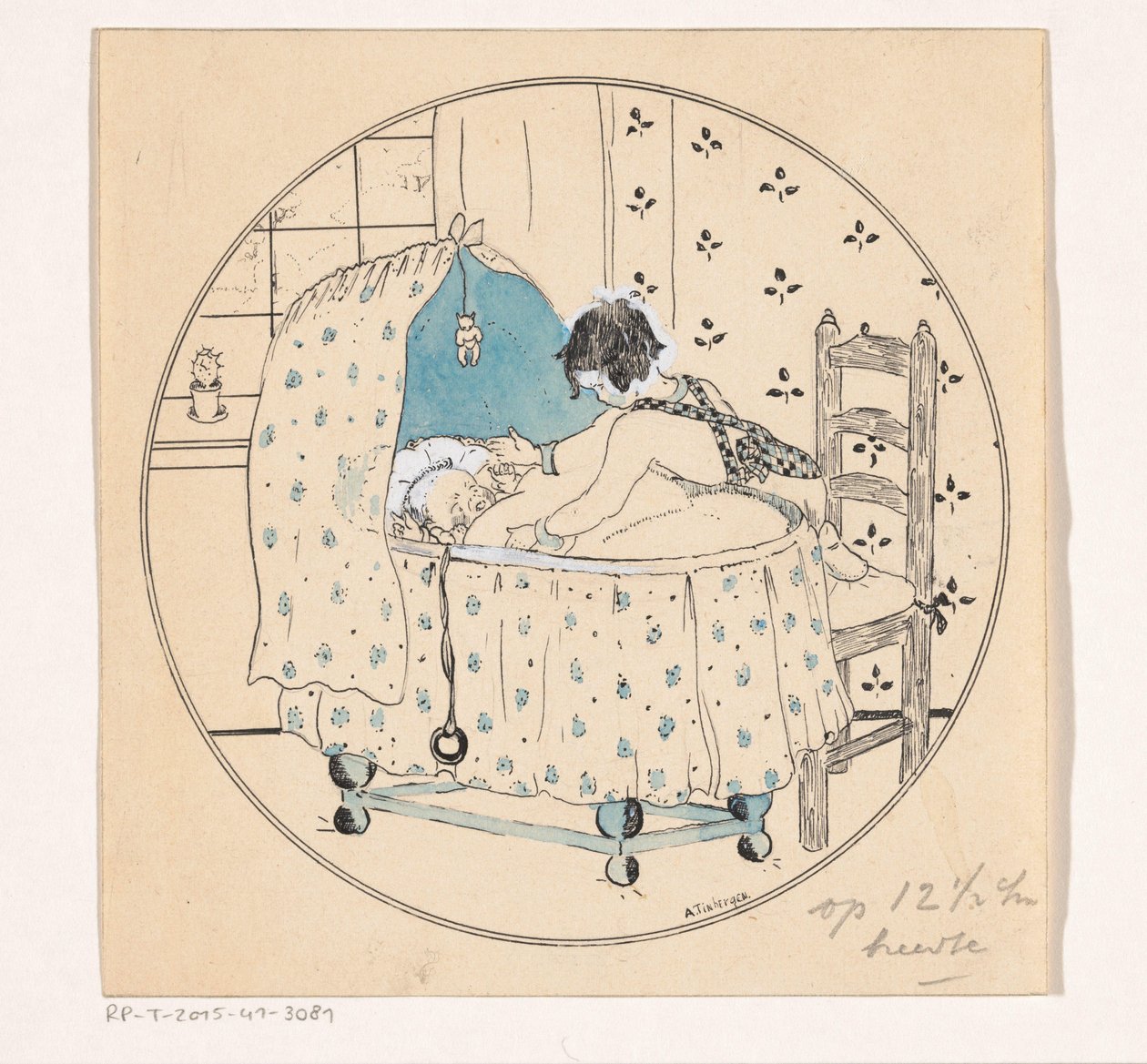 Fille voulant sortir un bébé du berceau - A. Tinbergen (signed by artist)