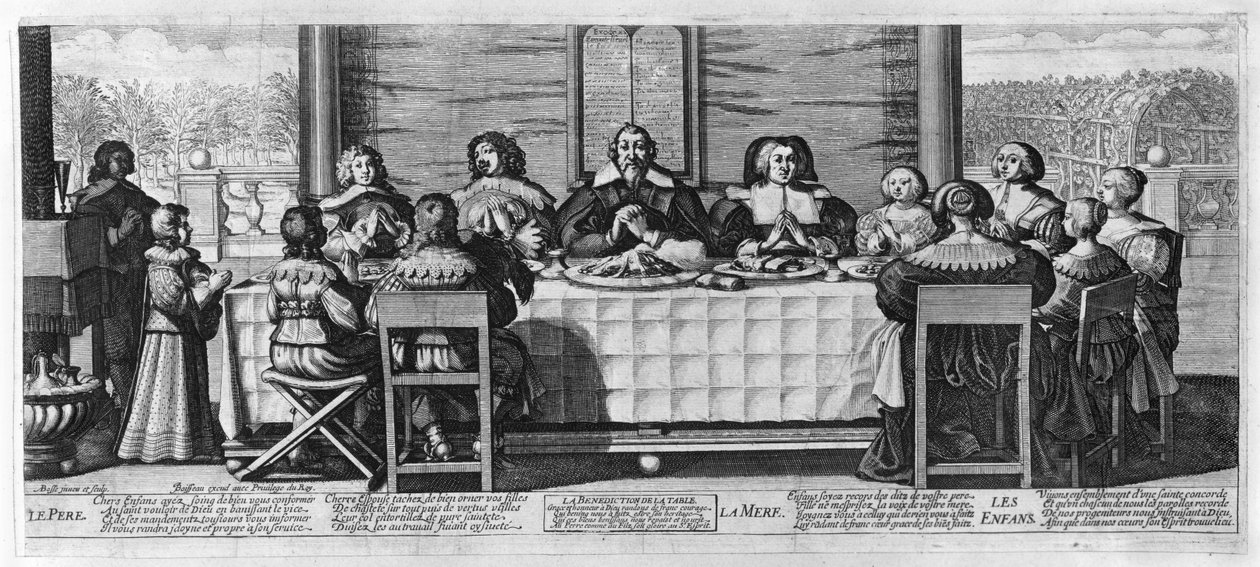 Une famille protestante bénissant le repas - Abraham Bosse