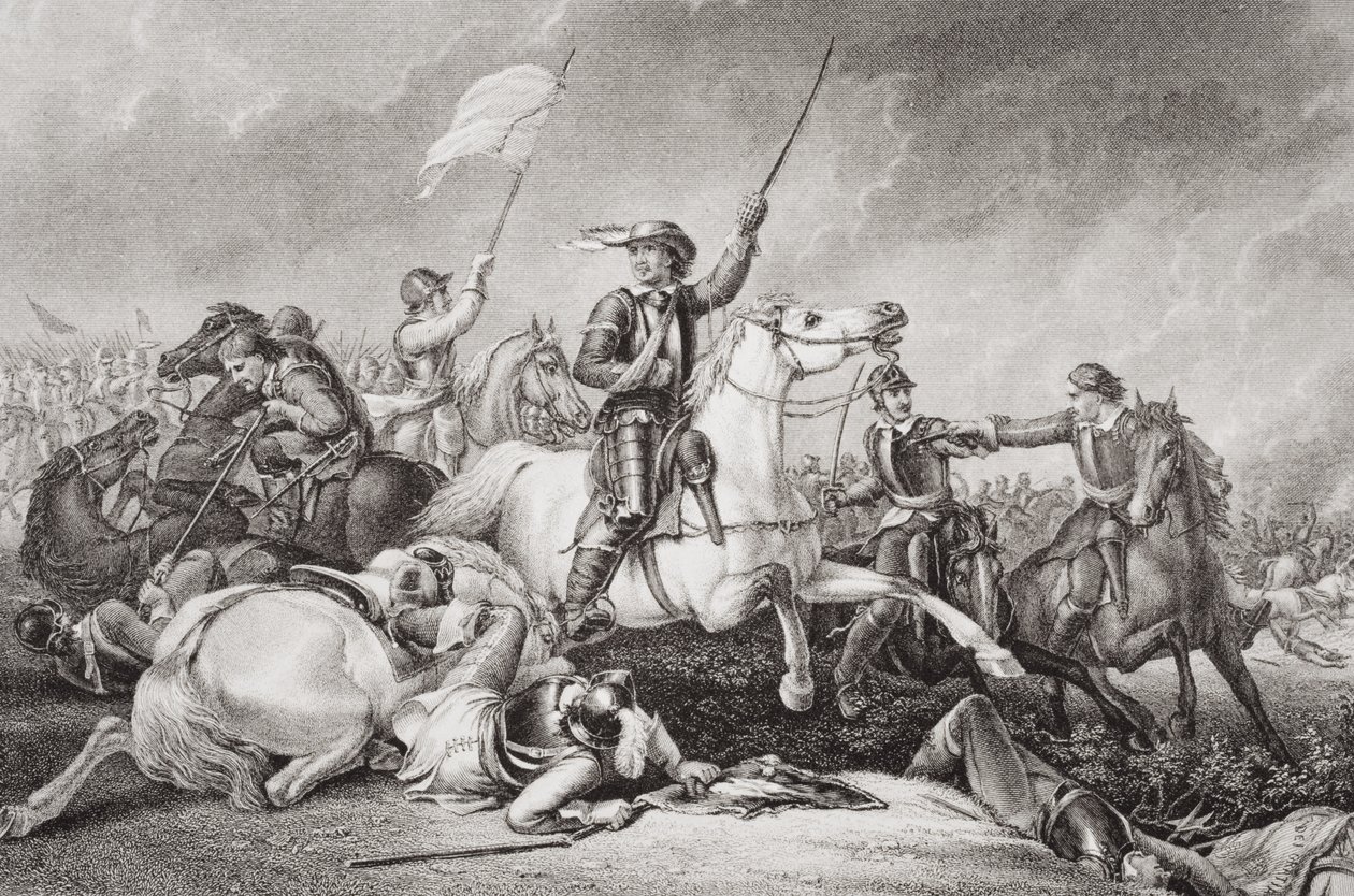 Cromwell menant une charge après avoir été blessé au bras droit à la bataille de Marston Moor, 2 juillet 1644, de 