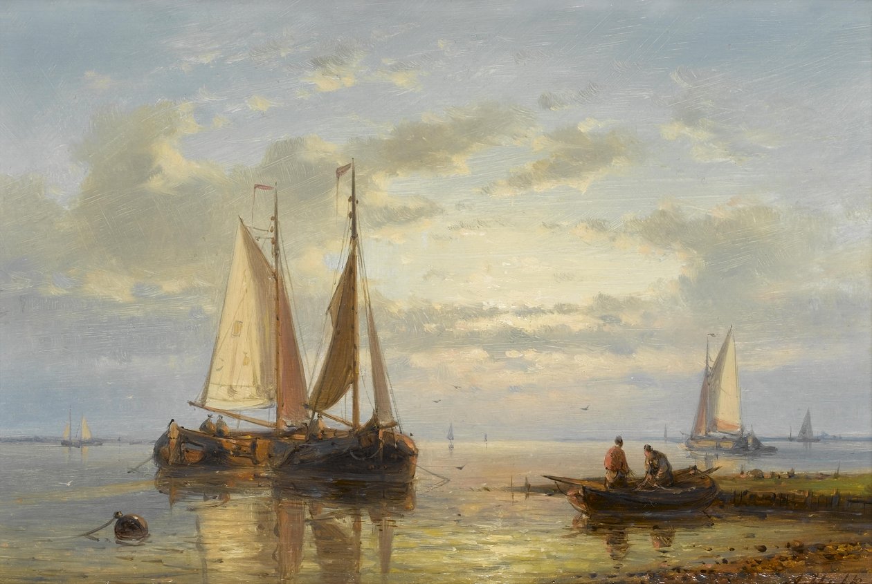 Bateaux de pêche ancrés dans les bas-fonds au crépuscule - Abraham Hulk