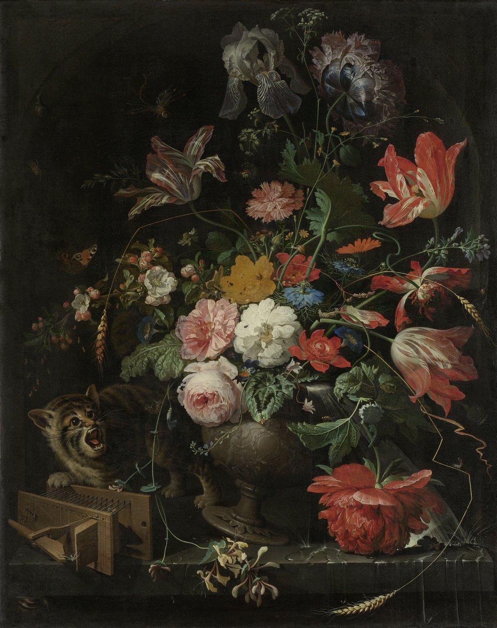 Nature morte de fleurs avec piège à souris et chat - Abraham Mignon