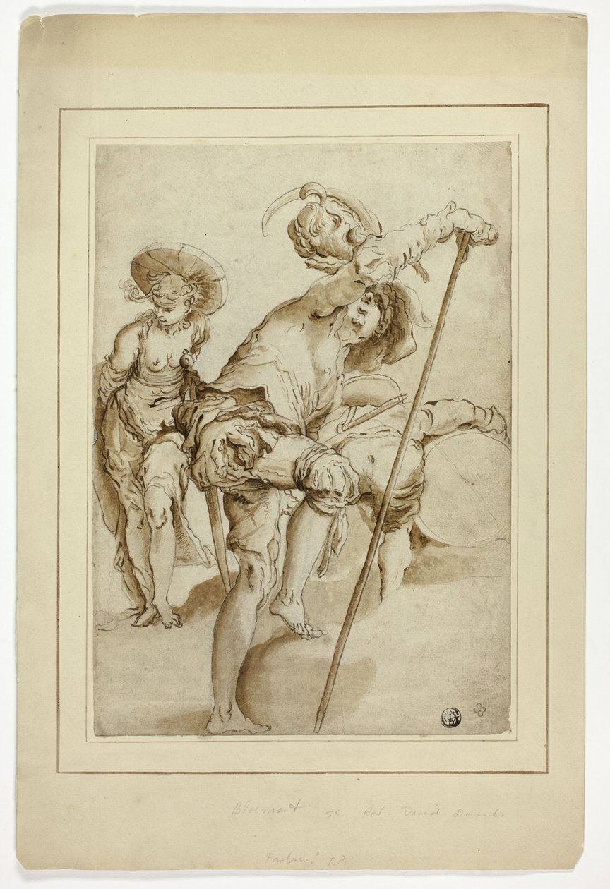 Un soldat debout, une femme debout et un tambour penché - Abraham Bloemaert