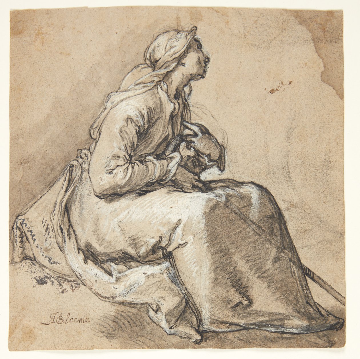 Une femme assise tournée vers la droite, en position humble de prière - Abraham Bloemaert