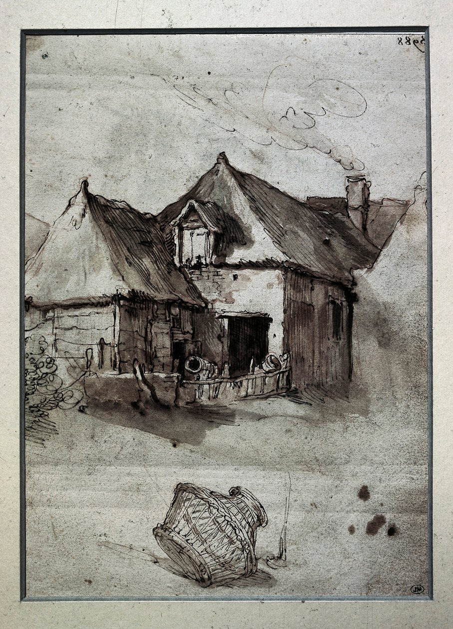 Cabane avec panier en osier, fin du 16e-début du 17e siècle (gravure) - Abraham Bloemaert