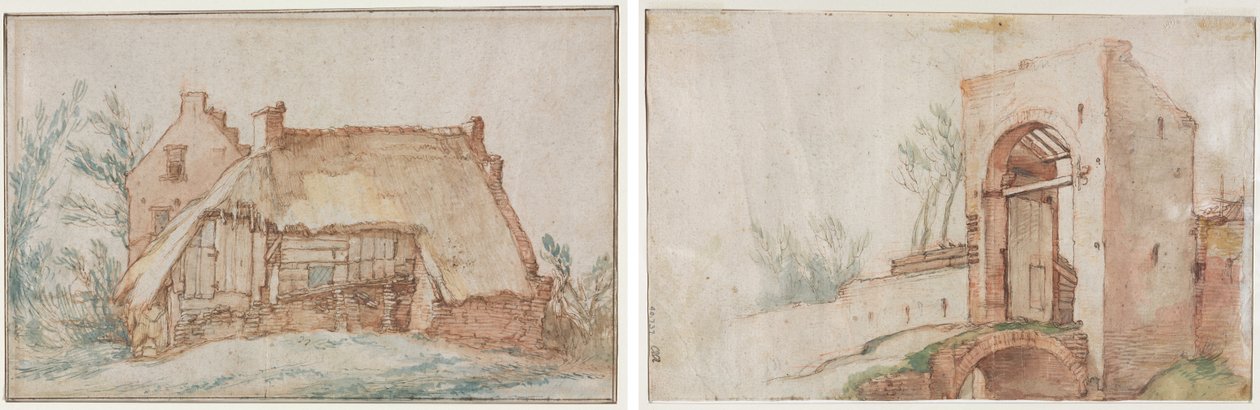 Cottage de paysan (recto); Pont et porte (verso) - Abraham Bloemaert
