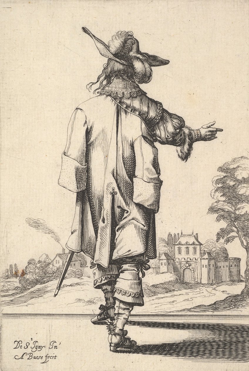 Un gentleman, vu de dos, avec son bras droit tendu et un manteau sur son épaule gauche, 1629 - Abraham Bosse