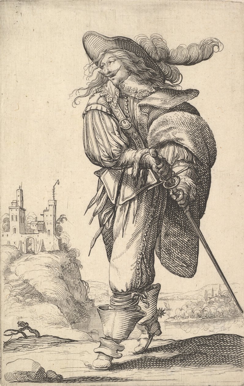 Un gentleman, marchant vers la gauche et tirant son épée du fourreau, portant un chapeau à plumes, 1629 - Abraham Bosse