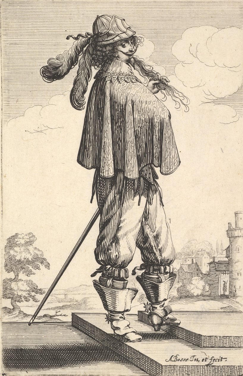 Un gentleman portant un manteau court, un casque et des bottes avec éperons, debout sur les marches et..., 1629 - Abraham Bosse