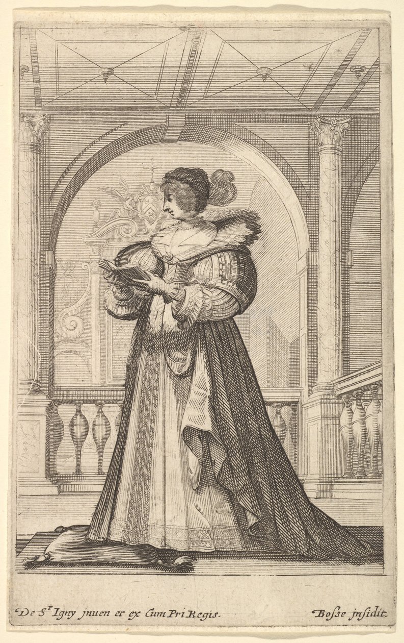 Une femme debout, de profil vers la gauche, portant un chapeau et un col en dentelle, lisant..., vers 1629 - Abraham Bosse