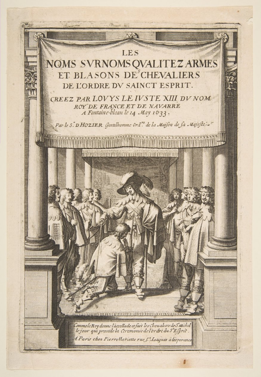 Frontispice de Les noms surnoms qualitez armes et blasons des chevaliers de Pierre d