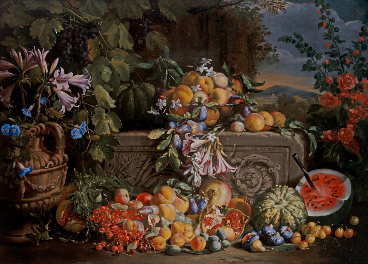 Nature morte avec cerises, pastèque, pêches, abricots, prunes, grenades et figures - Abraham Brueghel