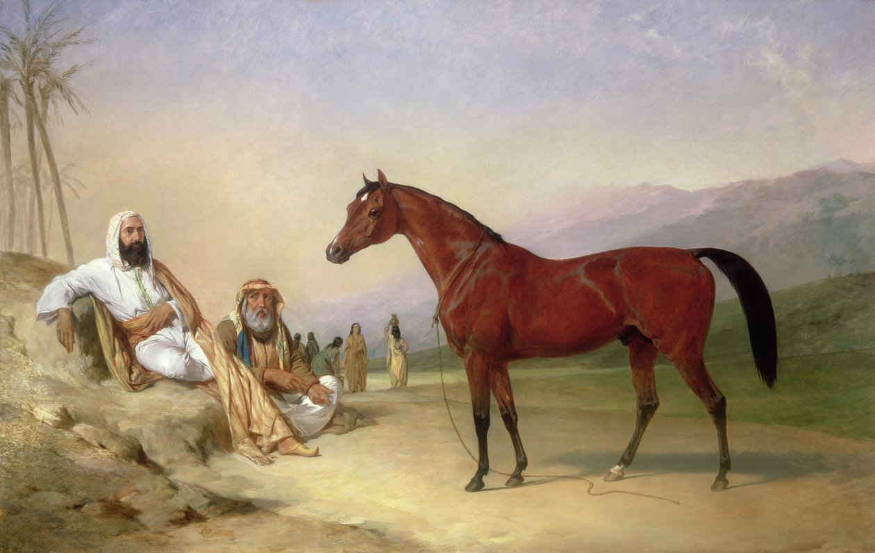 Deux Bédouins avec un étalon arabe bai dans le désert - Abraham Cooper