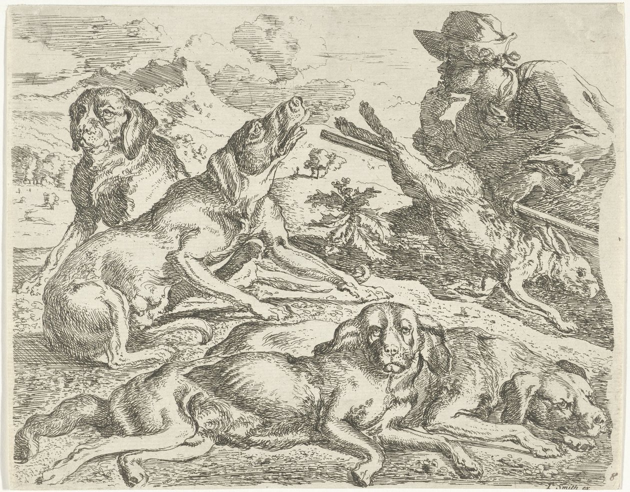 Quatre chiens, un chasseur et un lièvre - Abraham Danielsz. Hondius