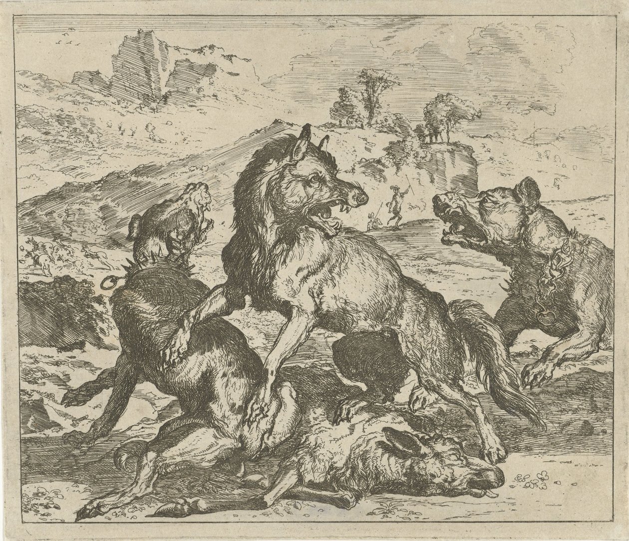 Loup attaqué par des chiens (Verschillende dieren) - Abraham Danielsz. Hondius