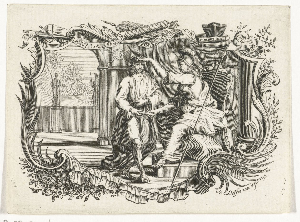 Minerva récompense ou honore un homme pour son travail, dans une cartouche - Abraham Delfos