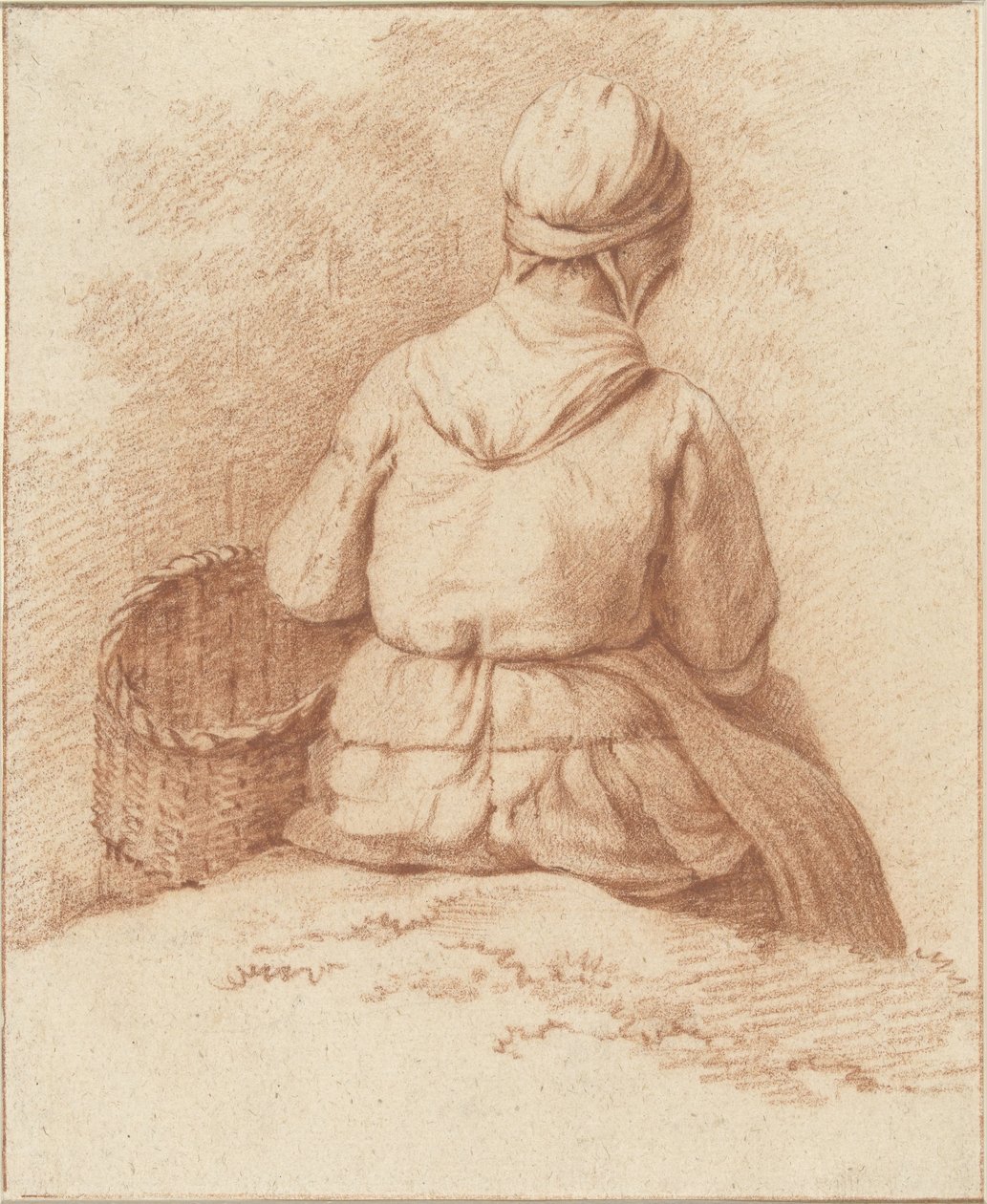 Femme de pêcheur assise avec un panier au bras, vue de dos - Abraham Johannes Ruytenschildt