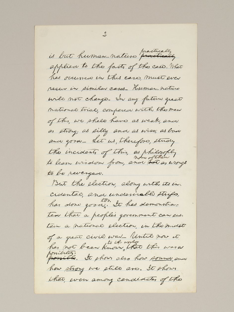 Manuscrit autographe du discours de victoire électorale de Lincoln en tant que président, prononcé à Washington D.C., depuis la fenêtre de la Maison Blanche le soir du 10 novembre - Abraham Lincoln