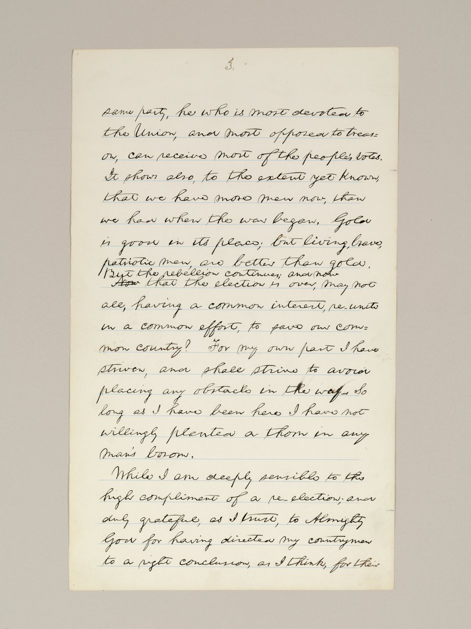 Manuscrit autographe du discours de victoire électorale de Lincoln en tant que président, prononcé à Washington D.C., depuis la fenêtre de la Maison Blanche le soir du 10 novembre - Abraham Lincoln