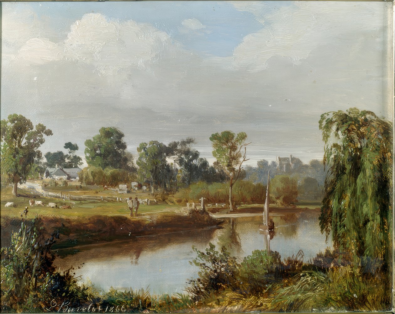 Rivière avec bateau à voile (campagne australienne, région de Melbourne) - Abraham Louis Buvelot